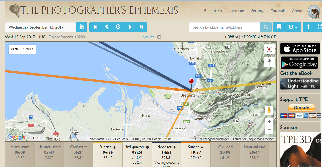 fototipp sonnenuntergang bodensee, photographers ephemeris